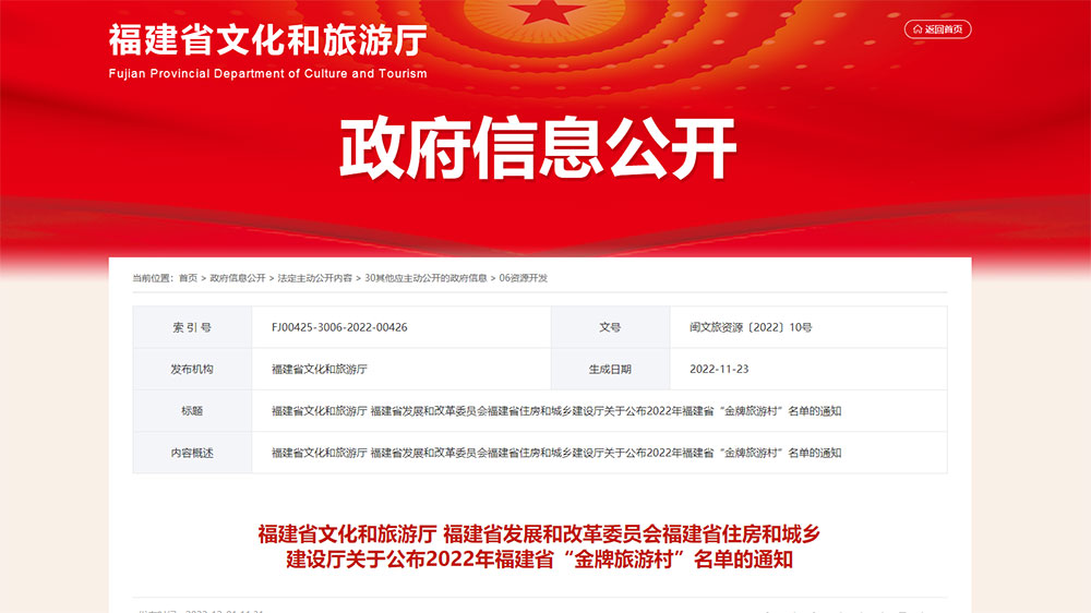 2022年福建省“金牌旅游村”“全域生態(tài)旅游小鎮(zhèn)”名單出爐，進(jìn)一步推動(dòng)鄉(xiāng)村旅游發(fā)展！